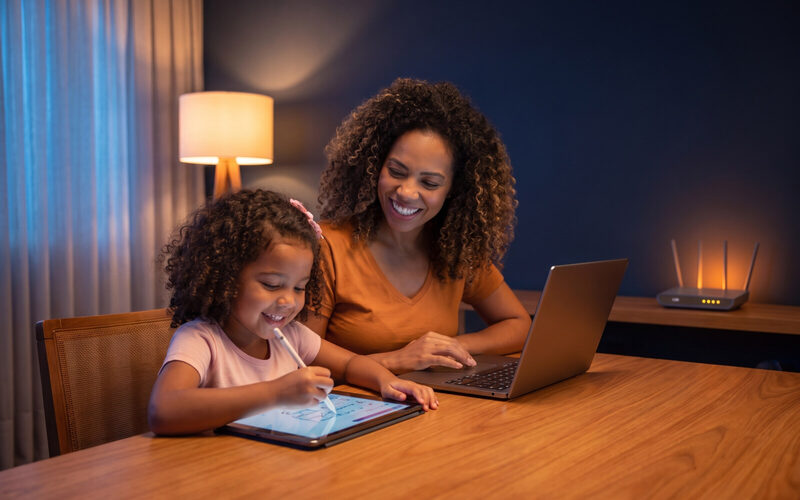 Mãe e filha em casa: a menina desenha no tablet e a mãe usa o notebook