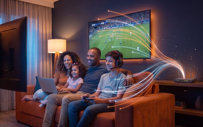 Família na sala, cada um no seu aparelho ao mesmo tempo: futebol na TV, videogame, notebook e tablet